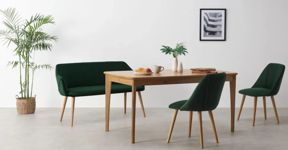 Banco de comedor compacto Lule – Terciopelo verde pino y roble