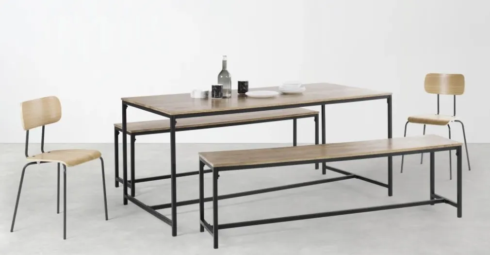 Juego de Comedor de Bancos Lomond – Madera de Mango y Negro