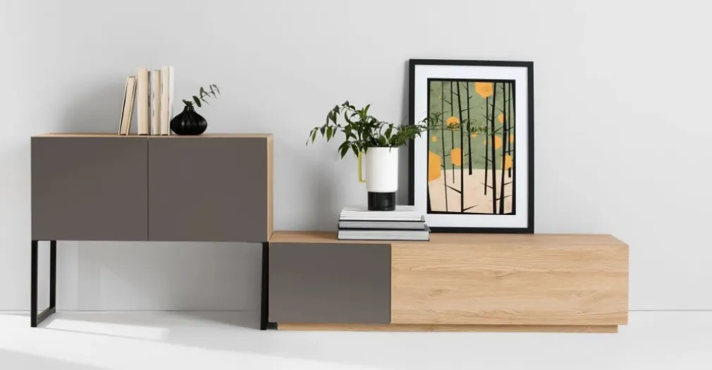 Mueble multimedia Hopkins – Roble y gris
